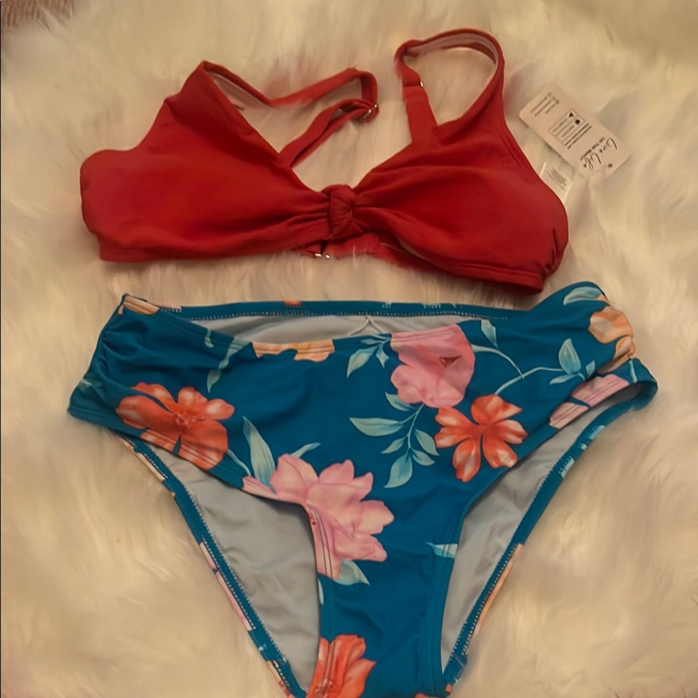 Red Bikini Top and Floral Bottoms